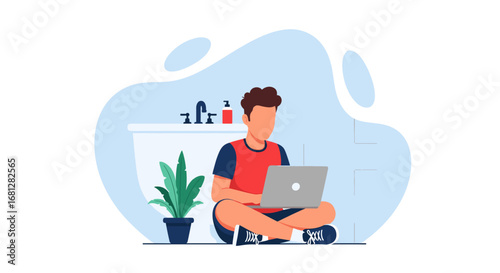 A person works remotely on a laptop in a calm, modern bathroom, embodying flexible work-from-home lifestyle and productivity.