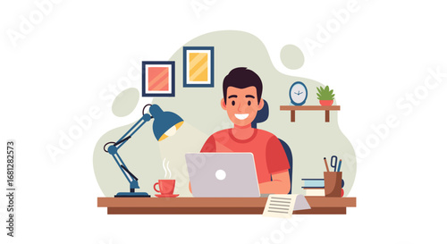 A cheerful man works remotely on his laptop from a cozy home office setup, enjoying a hot beverage. Ideal for themes like productivity, work-life balance, and modern education.