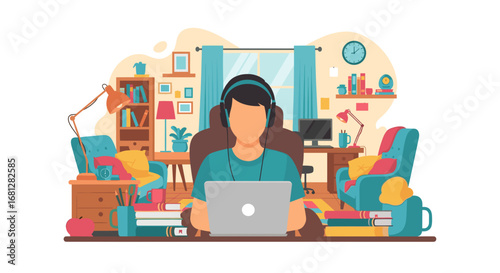 Focused person working or studying on a laptop with headphones in a cozy home office, ideal for remote work, online learning, or creative tasks.