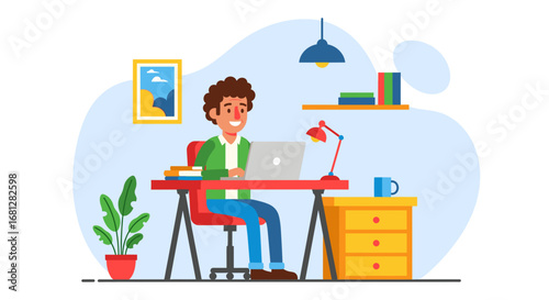 A cheerful man works productively on his laptop at a modern home office desk, representing remote work and business.