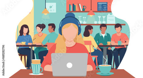 Productive young woman with headphones working on laptop in a lively cafe, surrounded by people. Modern freelance, remote work, or study lifestyle.