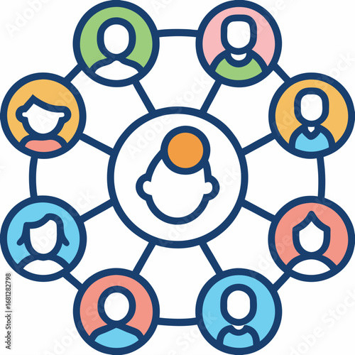 Connected people network diagram with a central figure