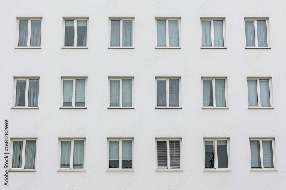 Fototapeta premium A residential building's side wall features sixteen windows isolated on a white background