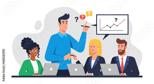 Diverse business team collaborates in a meeting, analyzing a challenging data graph. They discuss solutions, brainstorm ideas, and address uncertainties in problem-solving.