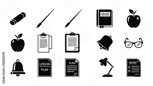 Simplified School Essentials: A sleek and modern black-and-white collection of school supplies, each item rendered in precise detail, perfect for educational and design projects.