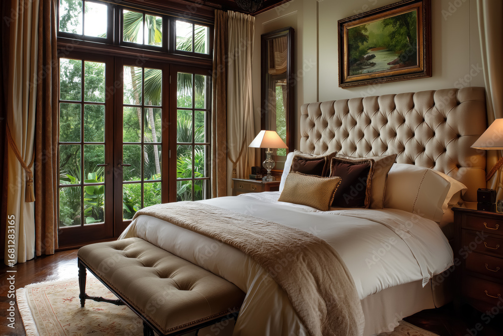 Fototapeta premium Serene and Sophisticated Bedroom with Elegant Details