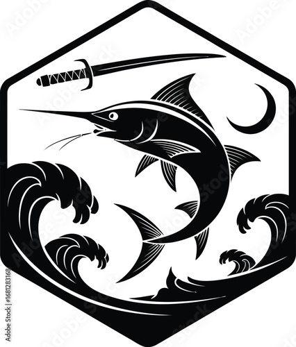 Majestic marlin leaping from stylized ocean waves silhouette