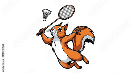 Squirrel Badminton Champion: This illustration depicts a squirrel skillfully playing badminton, demonstrating agility and competitiveness in a fun sports scene.