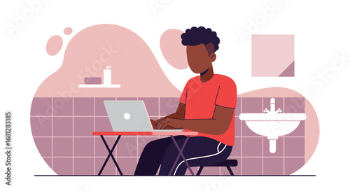 Person working diligently on a laptop from an unconventional home bathroom setup, symbolizing remote work, flexibility, and a modern lifestyle.