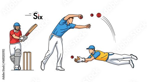 Cricket in Action: A dynamic depiction of cricket action unfolds, with a batsman poised, a bowler in mid-throw, and a fielder diving for a catch, all rendered in an illustration style