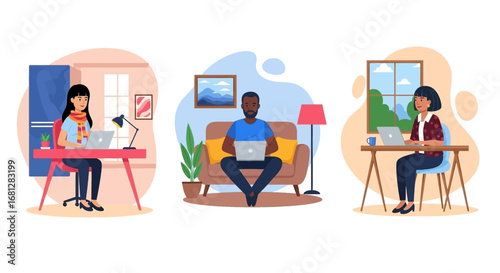 Diverse individuals working remotely from home on laptops in various comfortable settings, illustrating modern flexible work, learning, and lifestyle.