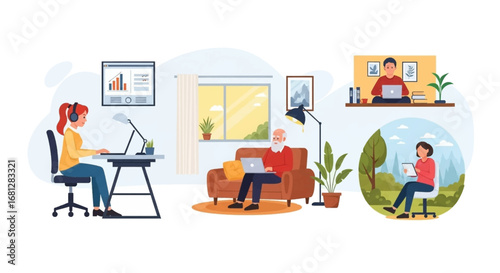 Individuals of different ages working remotely from home and outdoors, illustrating flexible careers, online learning, and digital lifestyle.