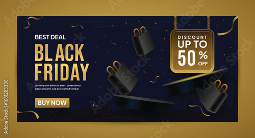 Modern luxury Black Friday promotional banner with golden accents, shopping bags, and discount offer up to 50% off