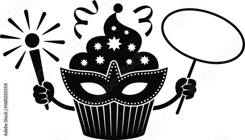 A masked cupcake holding a sign on a wand silhouette