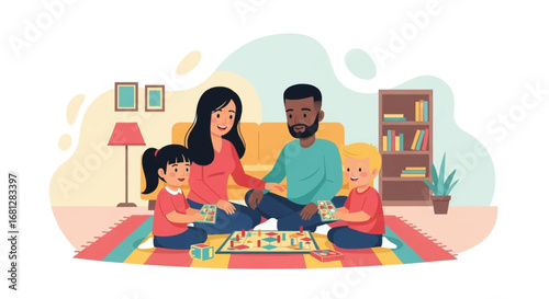 Happy diverse family enjoys quality time playing a board game together in their cozy living room, fostering connection and fun.