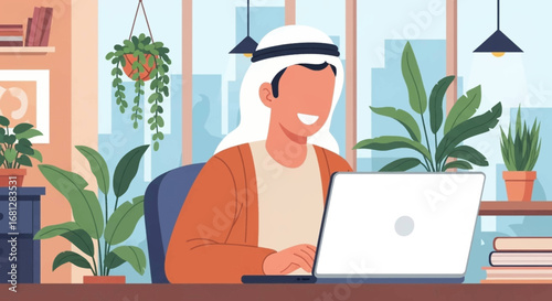 Smiling Arab man in traditional attire works diligently on a laptop in a modern, plant-filled office. Represents global business, remote productivity, and cultural integration in a digital age.