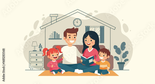 Smiling family reading a storybook together at home, showcasing warmth, learning, and togetherness. Perfect for parenting, lifestyle, or education concepts.