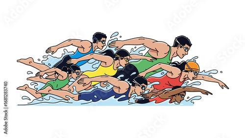 Swimmers in Competition: A group of competitive swimmers, capturing their energy and passion, showcase their dedication to sport and the thrill of victory.