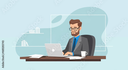 Focused male professional in a business suit working on a laptop at his office desk, representing modern work and corporate efficiency.