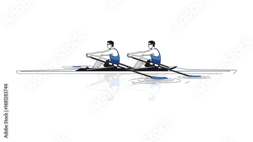 Rower's Precision: Two skilled rowers in perfect unison gliding across calm water, showcasing the strength, precision, and teamwork inherent in competitive rowing.