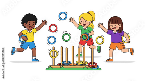 Ring Toss Revelry: A group of vibrant children are joyfully immersed in a game of ring toss, showcasing pure happiness and the thrill of playful competition