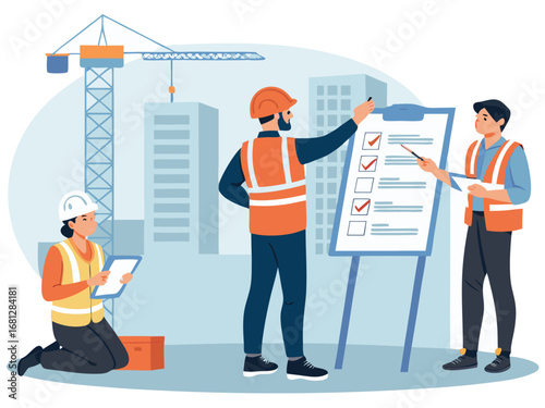 “Construction Workers Safety Training Illustration – Workplace Safety, Engineering Team Meeting, Occupational Health Checklist in Flat Vector Style”