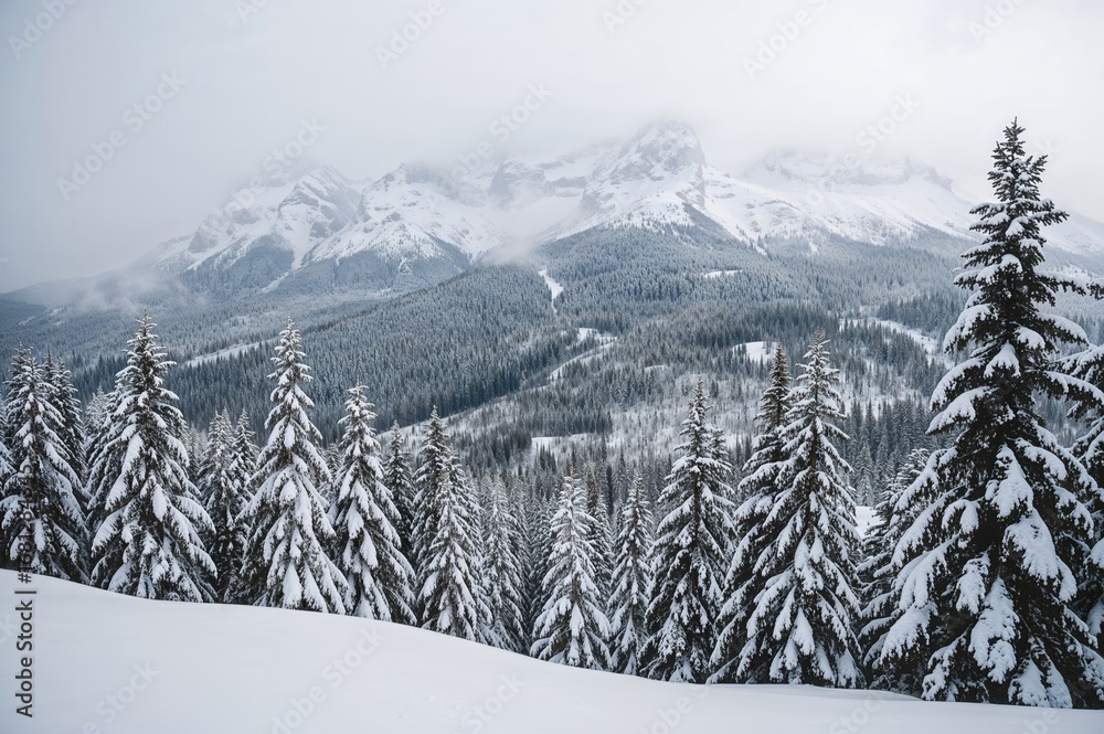 Fototapeta premium Stunning snowy landscape with breathtaking mountain views on a chilly day at the ski area. Gorgeous winter backgrounds to explore nature's wonders. Festive holiday backdrop, sky, adventure, nature