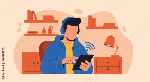 Person wearing headphones interacts with a digital tablet, surrounded by books and a lamp, symbolizing online learning, entertainment, or remote work.