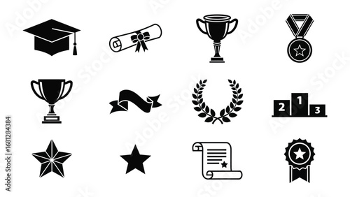 Academic Achievement Icons: A collection of classic academic accomplishment, including the quintessential mortarboard, scroll, golden trophy, and honorable laurel.