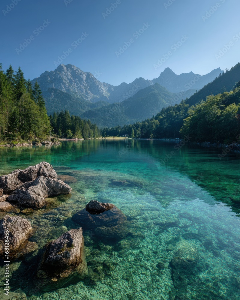 Obraz premium Serene Lake Eibsee view with turquoise water and mountain backdrop in Bavaria Germany scenic landscape