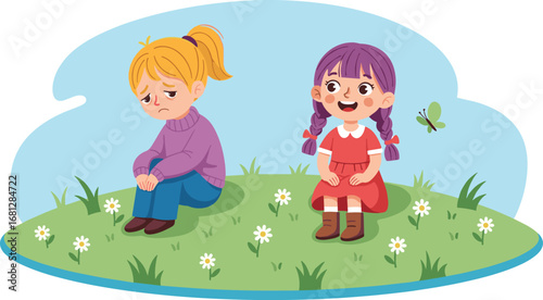 Happy and sad little girls sitting apart in the park, showing a contrast of emotions like happiness and sadness.