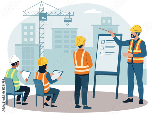 “Construction Workers Safety Training Illustration – Workplace Safety, Engineering Team Meeting, Occupational Health Checklist in Flat Vector Style”
