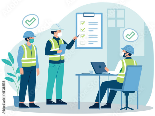 “Construction Workers Safety Training Illustration – Workplace Safety, Engineering Team Meeting, Occupational Health Checklist in Flat Vector Style”