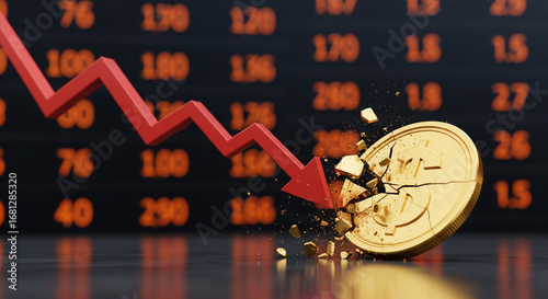 Financial crisis concept with a red downward arrow crashing into a shattering gold coin, symbolizing stock market collapse, recession, and economic decline