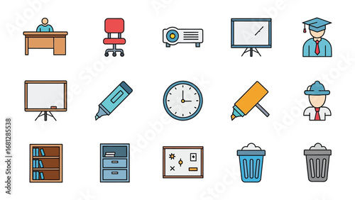 Educational Icon Array: A colorful collection of educational icons, meticulously designed to represent the multifaceted world of learning, knowledge, and academic pursuit.