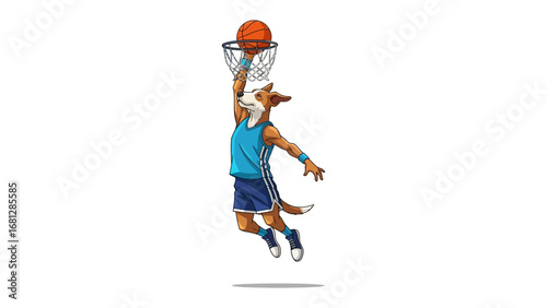 Basketball Fox Soaring High: A dynamic illustration capturing a fox in athletic gear, mid-air, executing a powerful slam dunk during a high-energy basketball game.