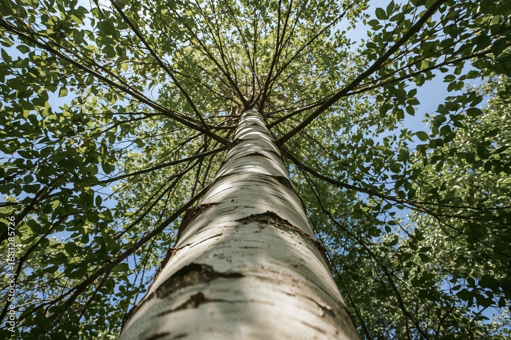 Fototapeta premium A tall birch tree with silver bark reaches upward, its thin, peeling layers catching light beneath fluttering leaves that form a luminous mosaic against the sky.
