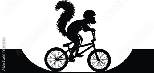 Squirrel riding a bike on a ramp performing a freestyle trick silhouette