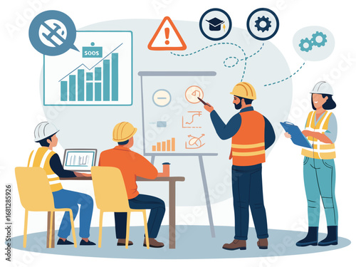 “Construction Workers Safety Training Illustration – Workplace Safety, Engineering Team Meeting, Occupational Health Checklist in Flat Vector Style”