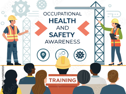 “Construction Workers Safety Training Illustration – Workplace Safety, Engineering Team Meeting, Occupational Health Checklist in Flat Vector Style”