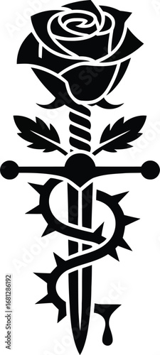 Elegant sword piercing through thorny rose silhouette design