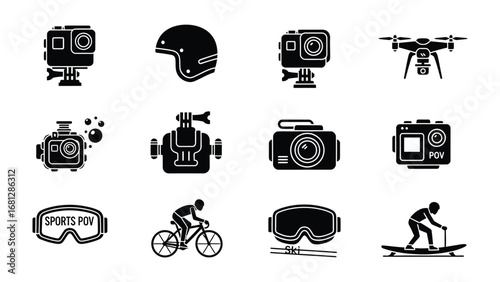Action Camera Equipment Silhouettes: This minimalist black-and-white graphic features an assortment of action camera equipment, embodying adventure and active lifestyles.