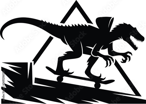 A prehistoric tyrannosaurus rex dinosaur riding a skateboard downhill as a silhouette