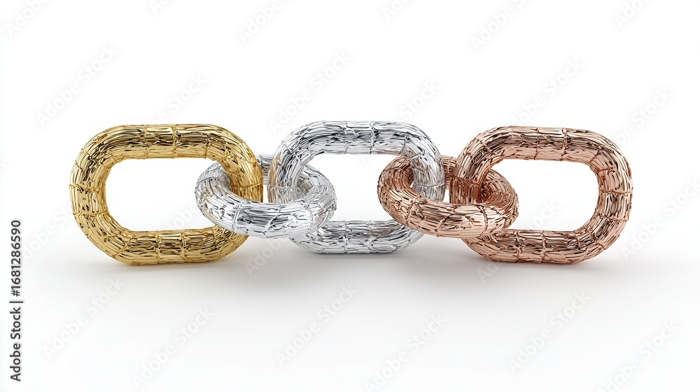 Fototapeta premium A simple background, with interlocking elements of gold, silver, and copper chains, symbolizes connection or collaboration in business, technology, or social networks.