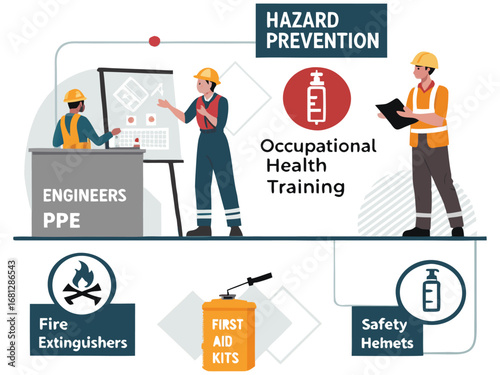 “Construction Workers Safety Training Illustration – Workplace Safety, Engineering Team Meeting, Occupational Health Checklist in Flat Vector Style”