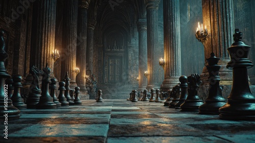 Mysterious chess hallway candlelit interior