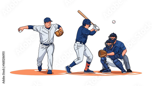 Baseball action: A vibrant illustration captures the essence of a baseball game, featuring a pitcher mid-throw, a batter poised to hit, and a catcher ready to receive the ball.
