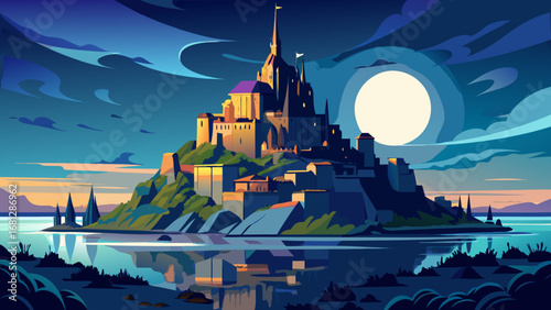 Mont-Saint-Michel, France, rises from tidal waters, crowned with abbey towers and medieval walls. Moonlit sea glistens around it; semi-realistic flat vector emphasizing dramatic silhouette and serene 
