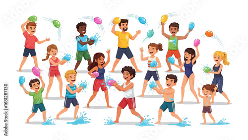 Splish Splash: A joyful group engage in a playful water balloon fight, capturing the essence of summertime fun and refreshing camaraderie.