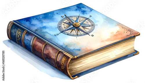 Vintage Watercolor Book with Compass Illustration